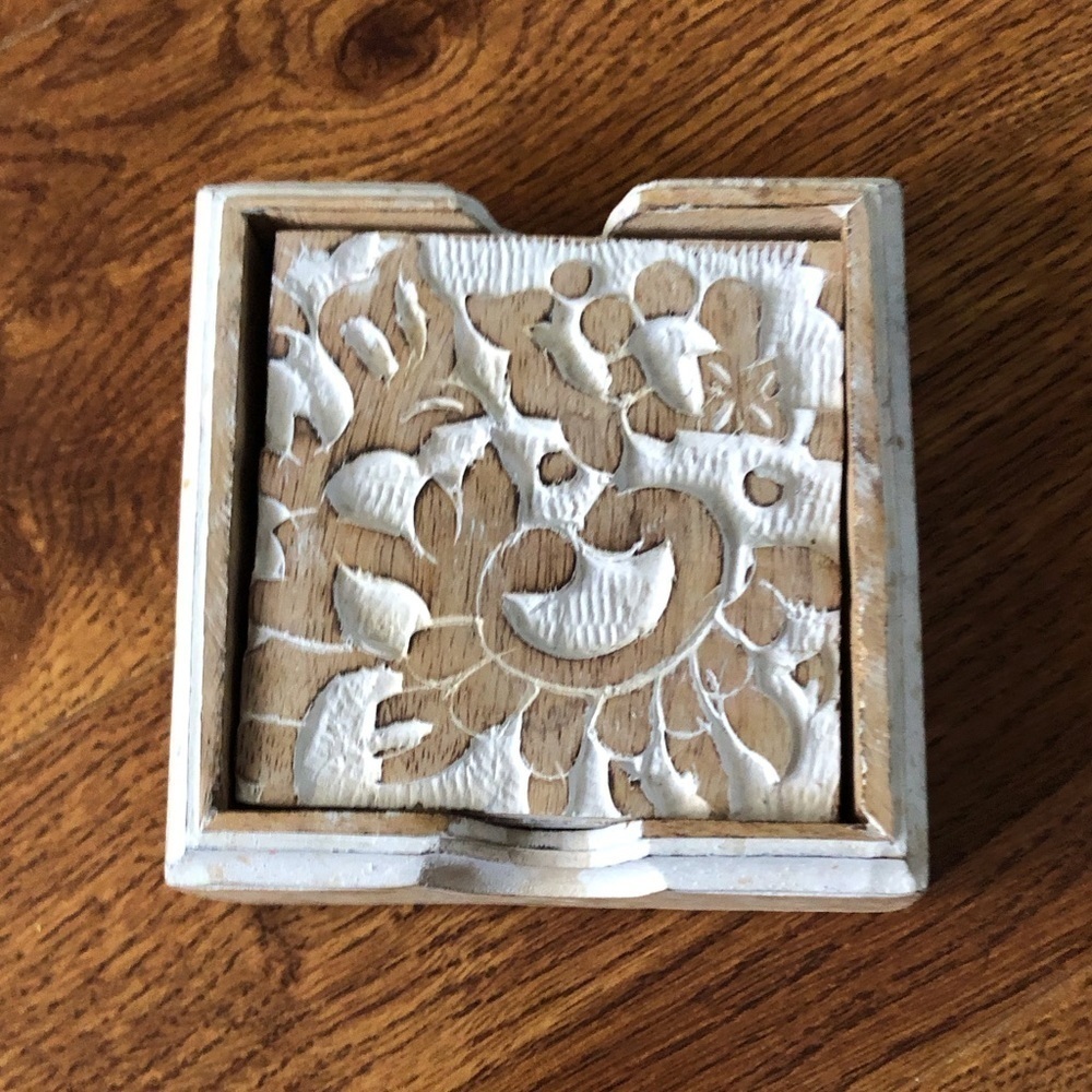 Hand carved wood coaster with holder